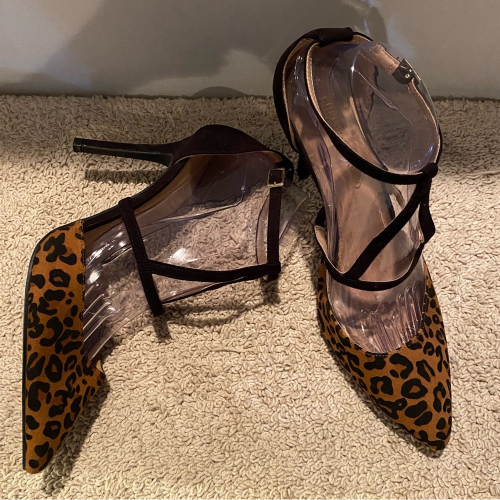 Christian Siriano leopard print black strap heels size 10